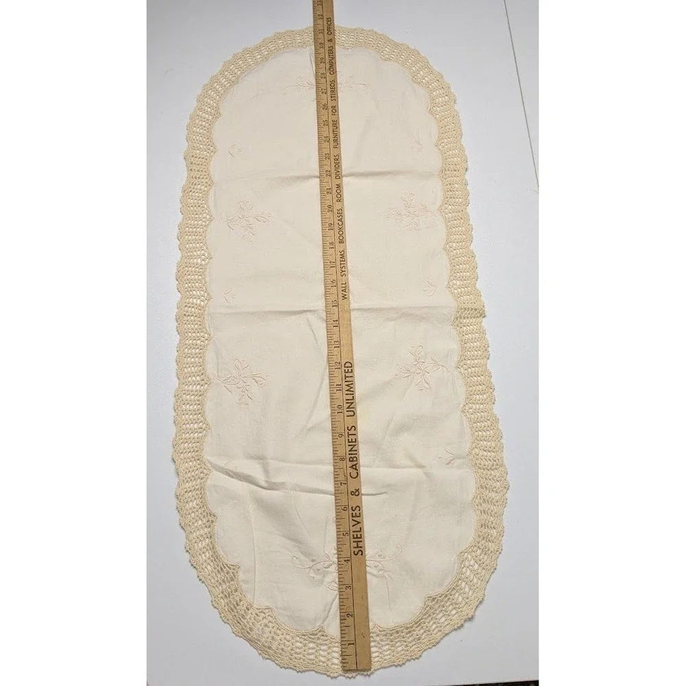 Vintage Cream Floral Embroidered Table Runner Crochet Trim